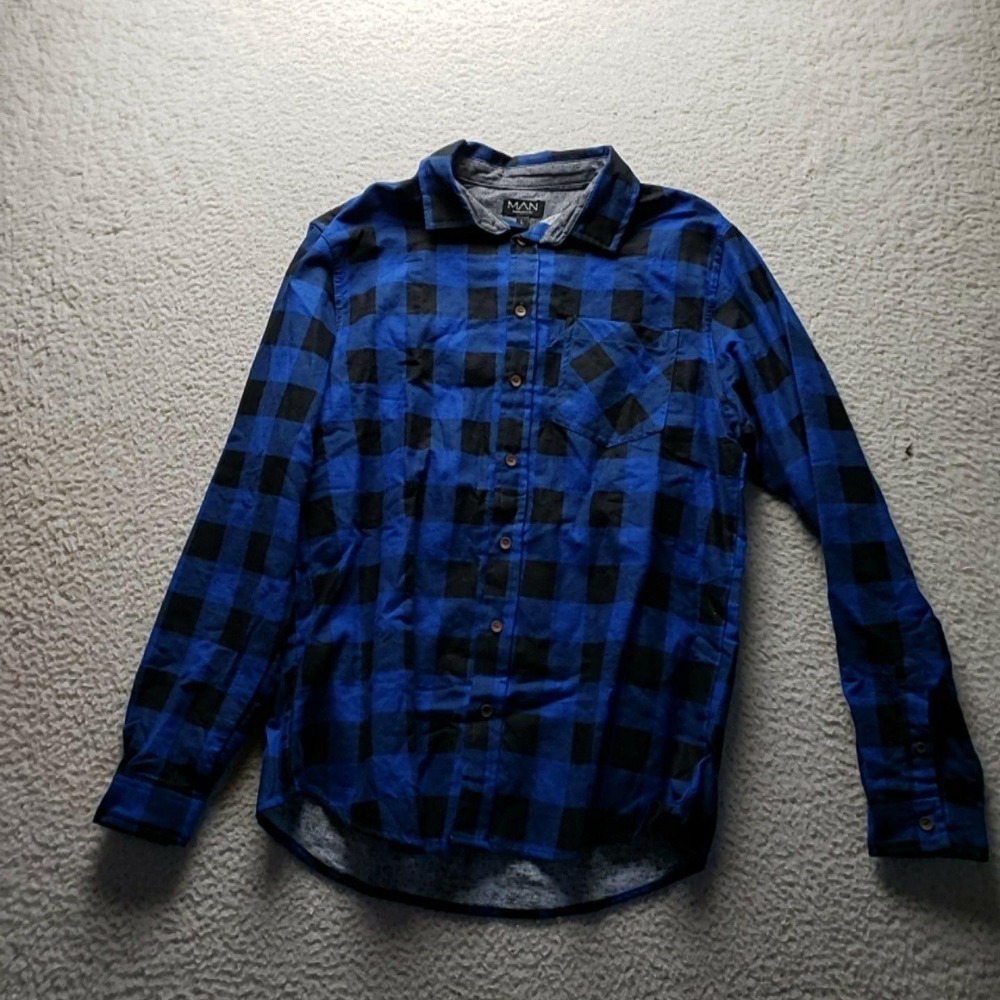 BoohooMAN Shirt Mens Large Blue Plaid Long Sleeve Flannel Button-Up Casual
